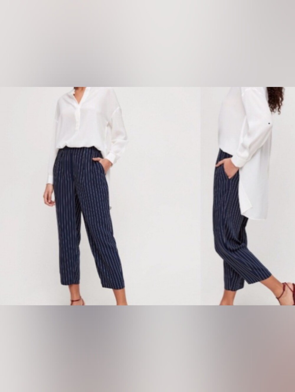 Babaton Aritzia Navy Blue Pinstripe Pleated Elastic Back Ankle Dress Pants 6